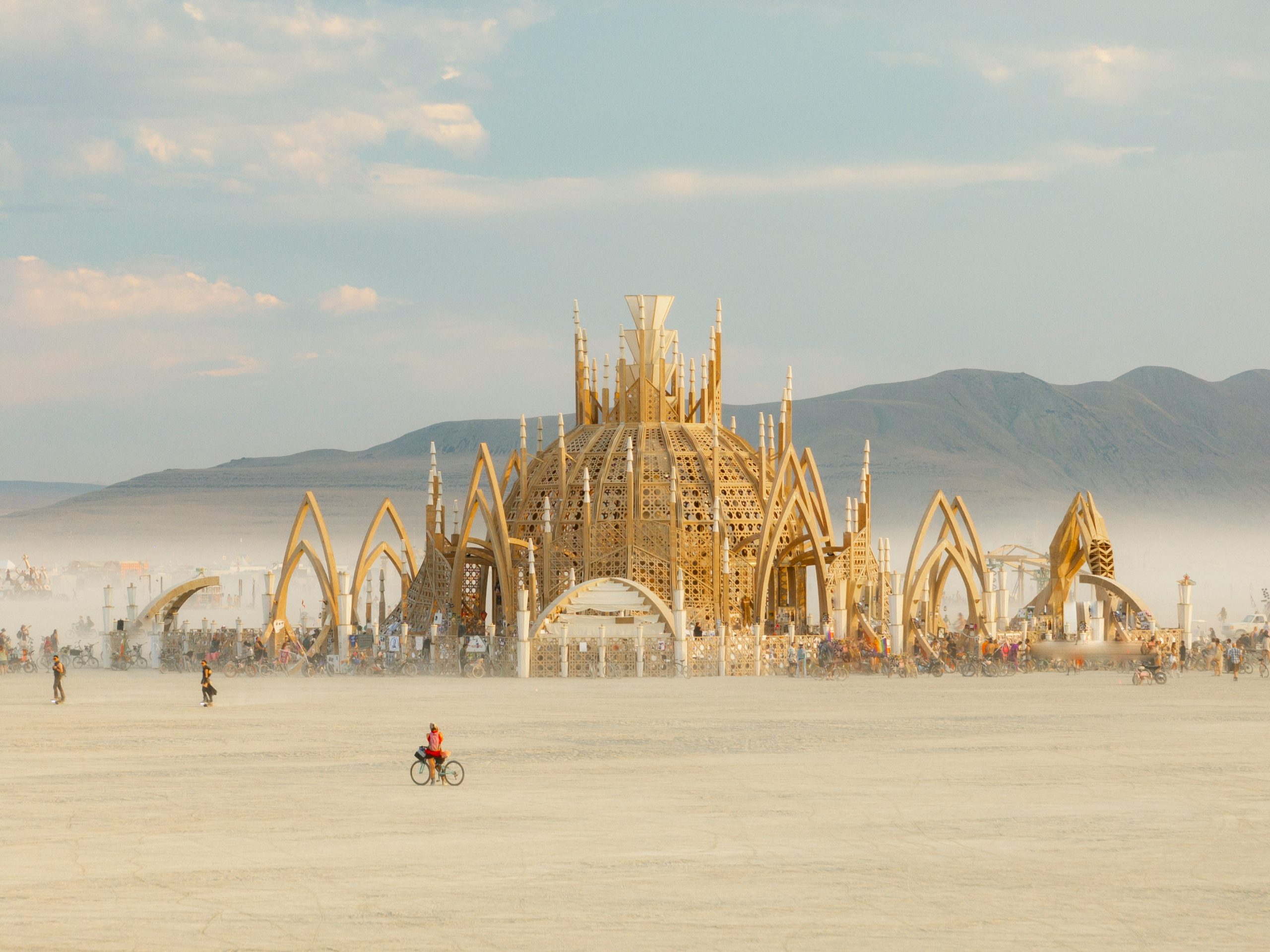 This photo captures the Temple structure at the Burning Man festival in the Black Rock Desert of Nevada.